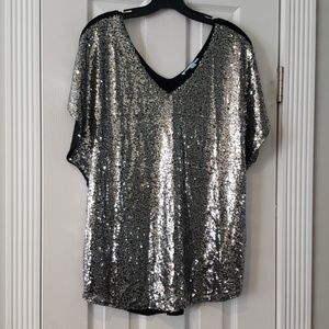 She & Sky silver sequin wing sleeve shirt